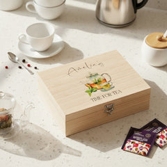 Personalised Any Name Compartment Tea Box With Tea cup and Pot Tea Box Raised Words