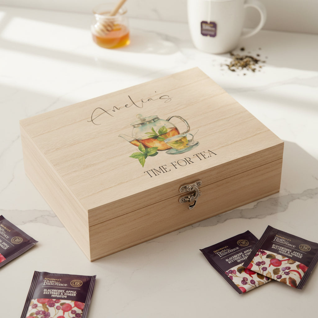 Personalised Any Name Compartment Tea Box With Tea cup and Pot Tea Box Raised Words