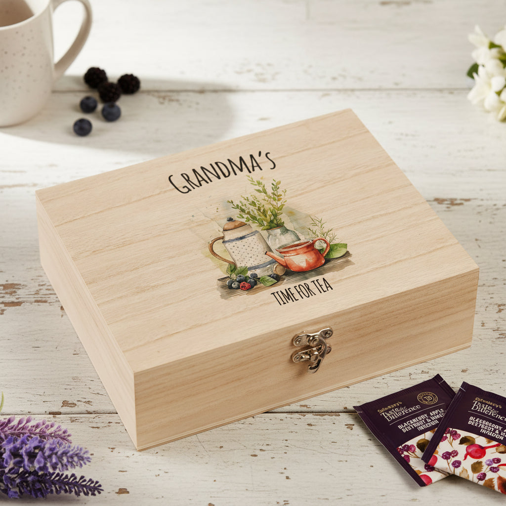 Personalised Any Name Compartment Tea Box With Old Fashioned Pot and Cup