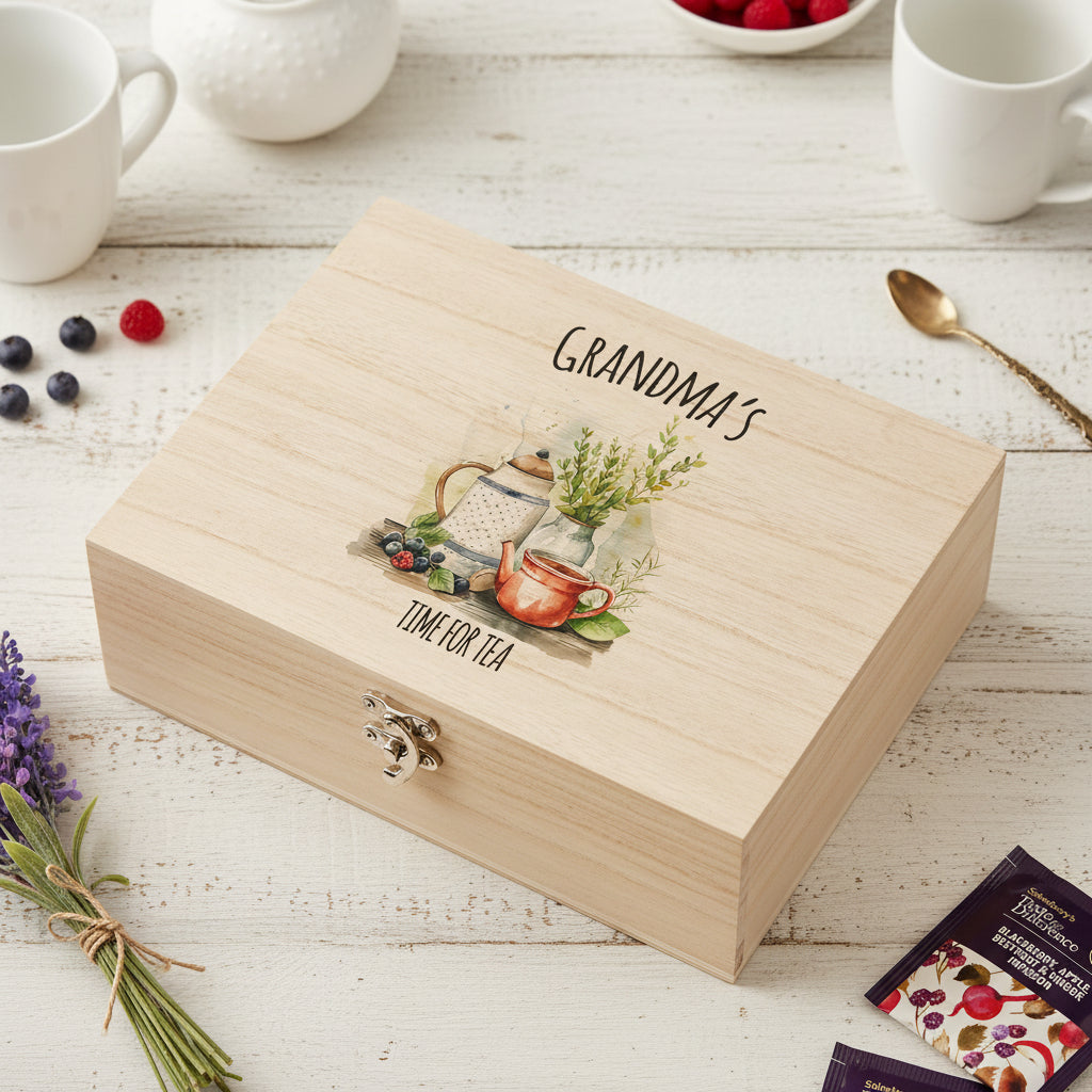 Personalised Any Name Compartment Tea Box With Old Fashioned Pot and Cup