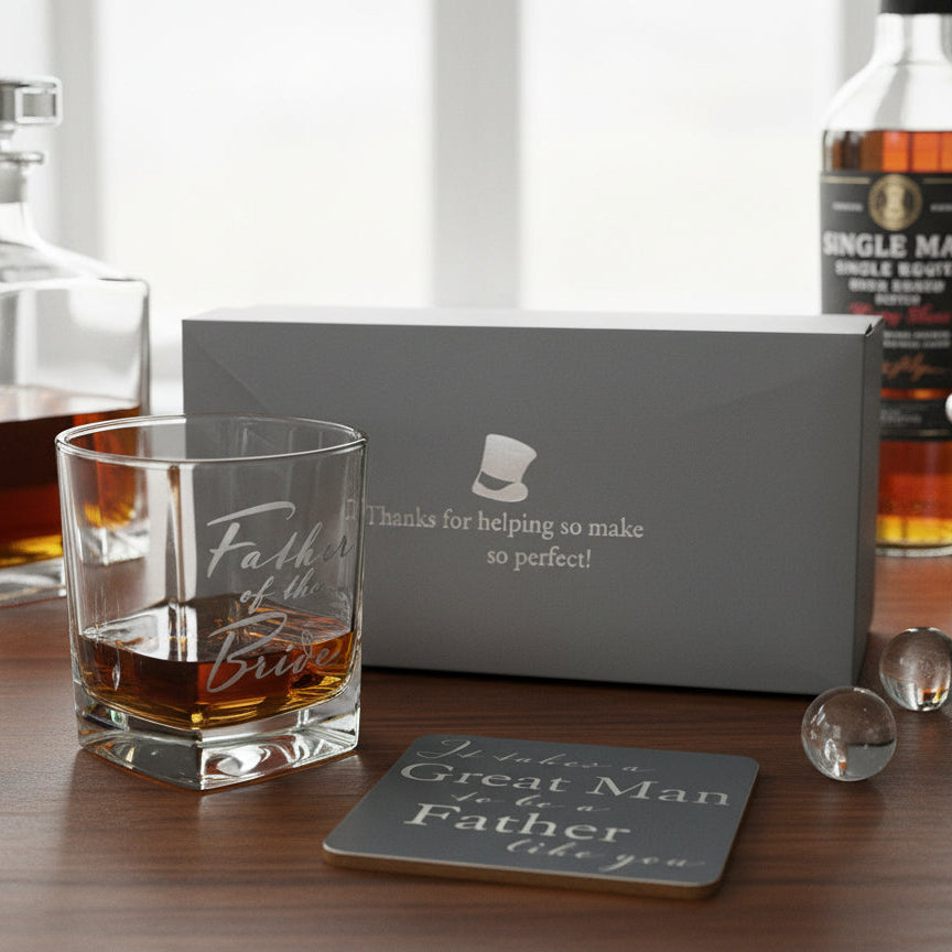 Father of the Bride Gift Set Glass and Coaster With Silver Inscription