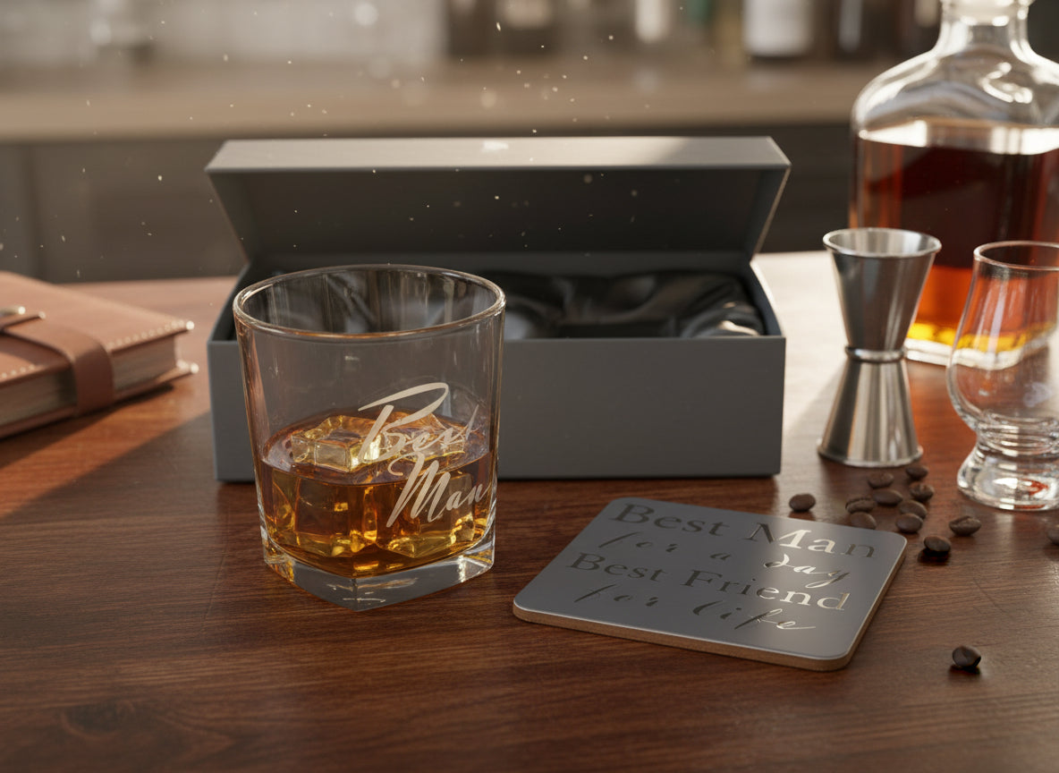 Best Man Gift Set Glass and Coaster With Silver Inscription Personalised Whiskey Glass ukgiftstoreonline