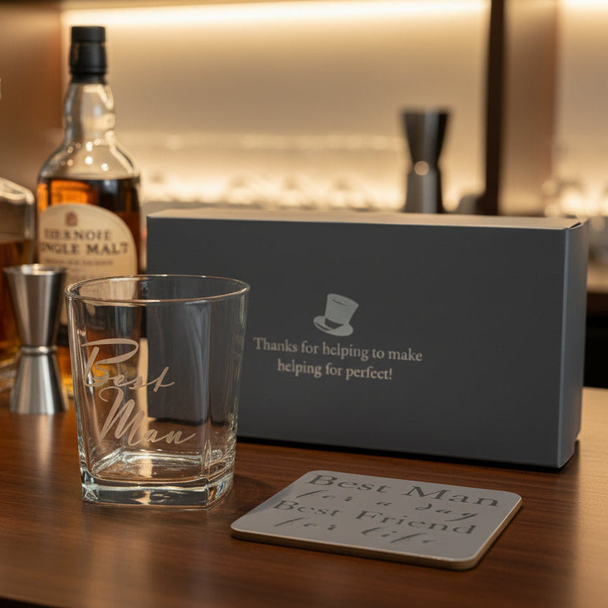Best Man Gift Set Glass and Coaster With Silver Inscription Personalised Whiskey Glass ukgiftstoreonline