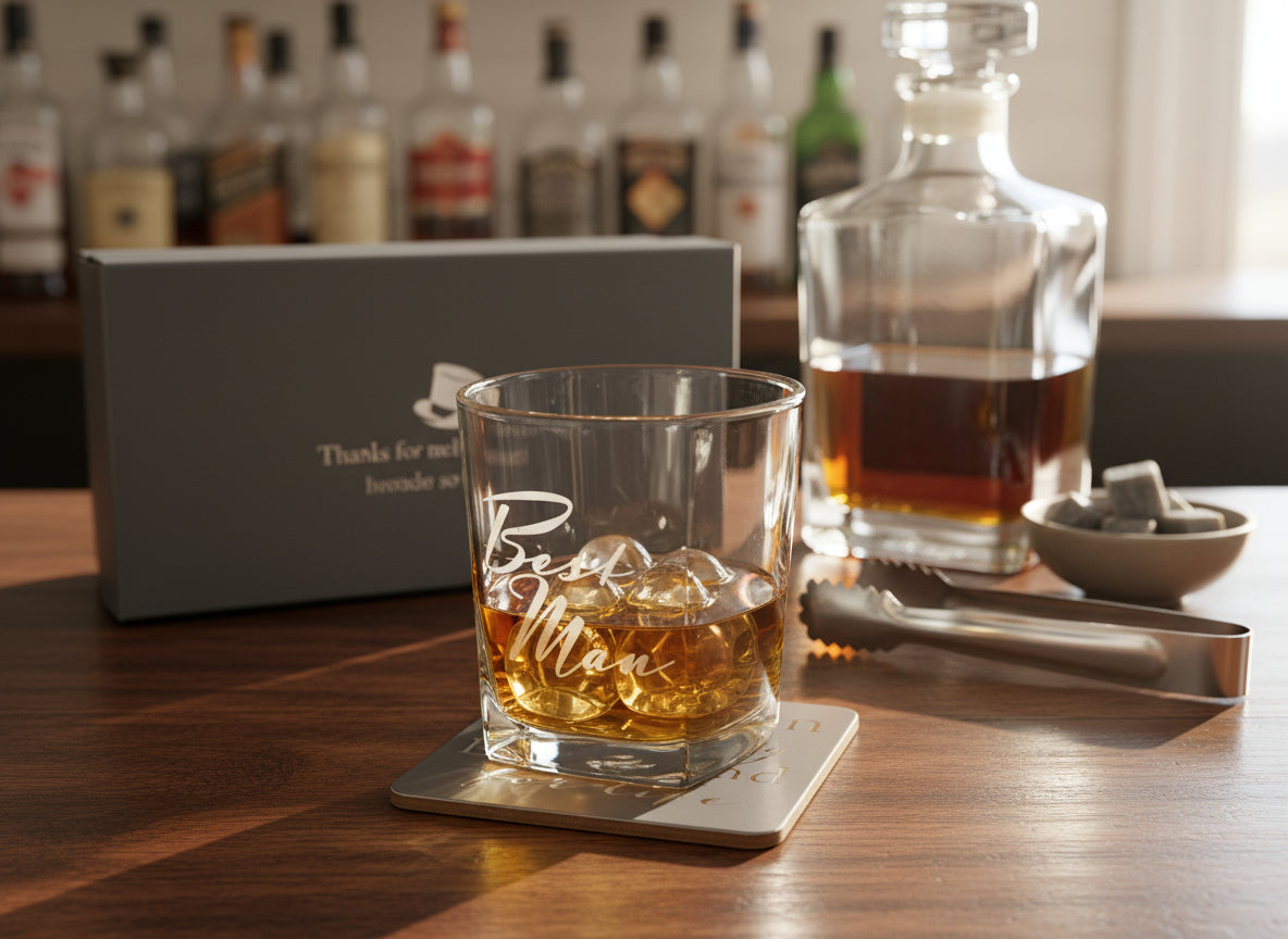Best Man Gift Set Glass and Coaster With Silver Inscription Personalised Whiskey Glass ukgiftstoreonline