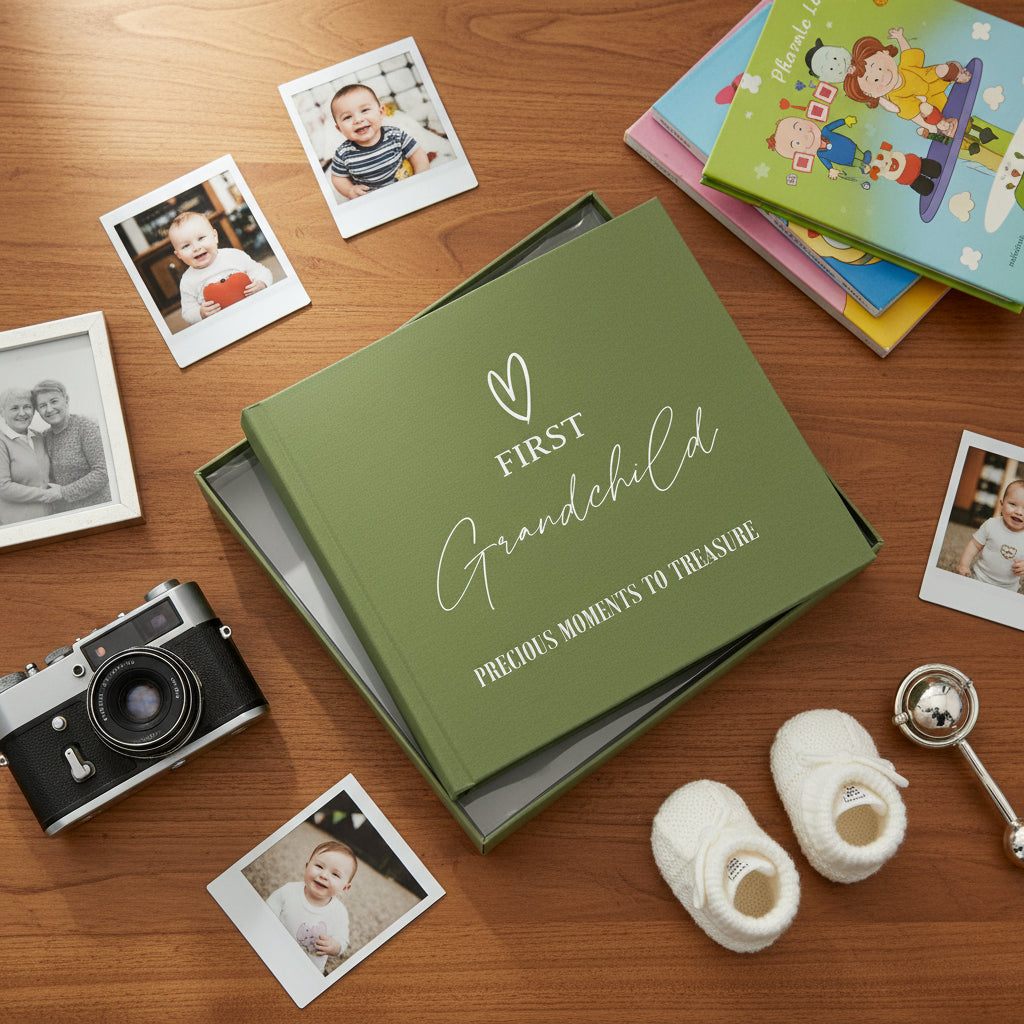 First Grandchild Memories Olive Green Photo Picture Album Holds 50 x 6"x4" Photo album ukgiftstoreonline