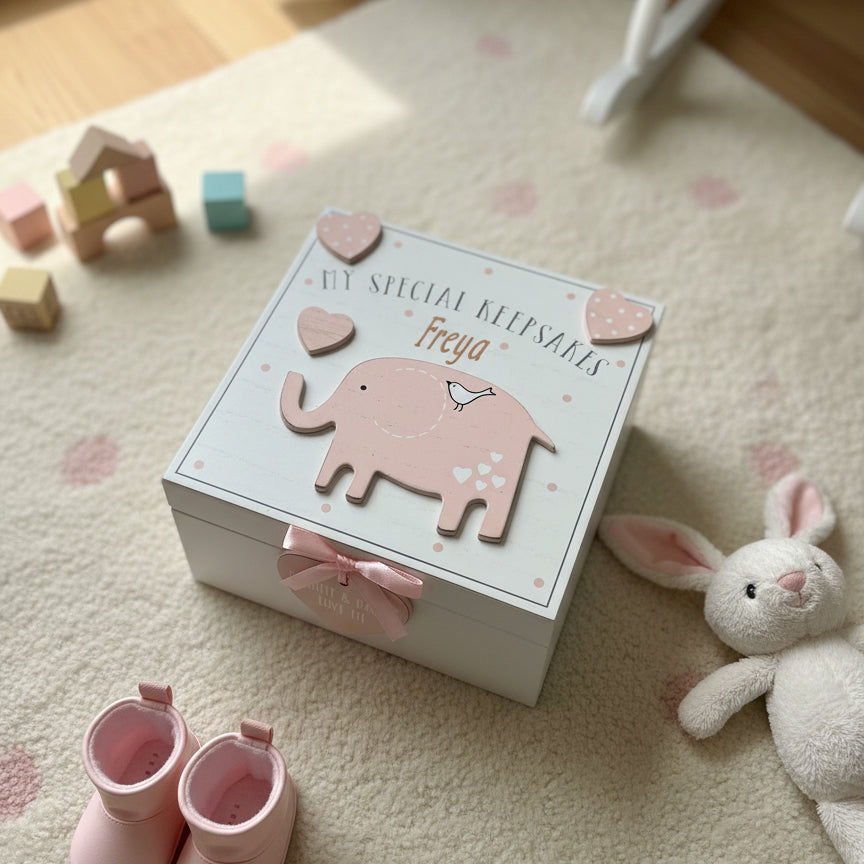 Personalised Baby Girl wooden Memories Keepsake Box With Elephant Keepsake Memory Box ukgiftstoreonline