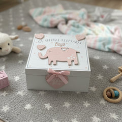 Personalised Baby Girl wooden Memories Keepsake Box With Elephant Keepsake Memory Box ukgiftstoreonline