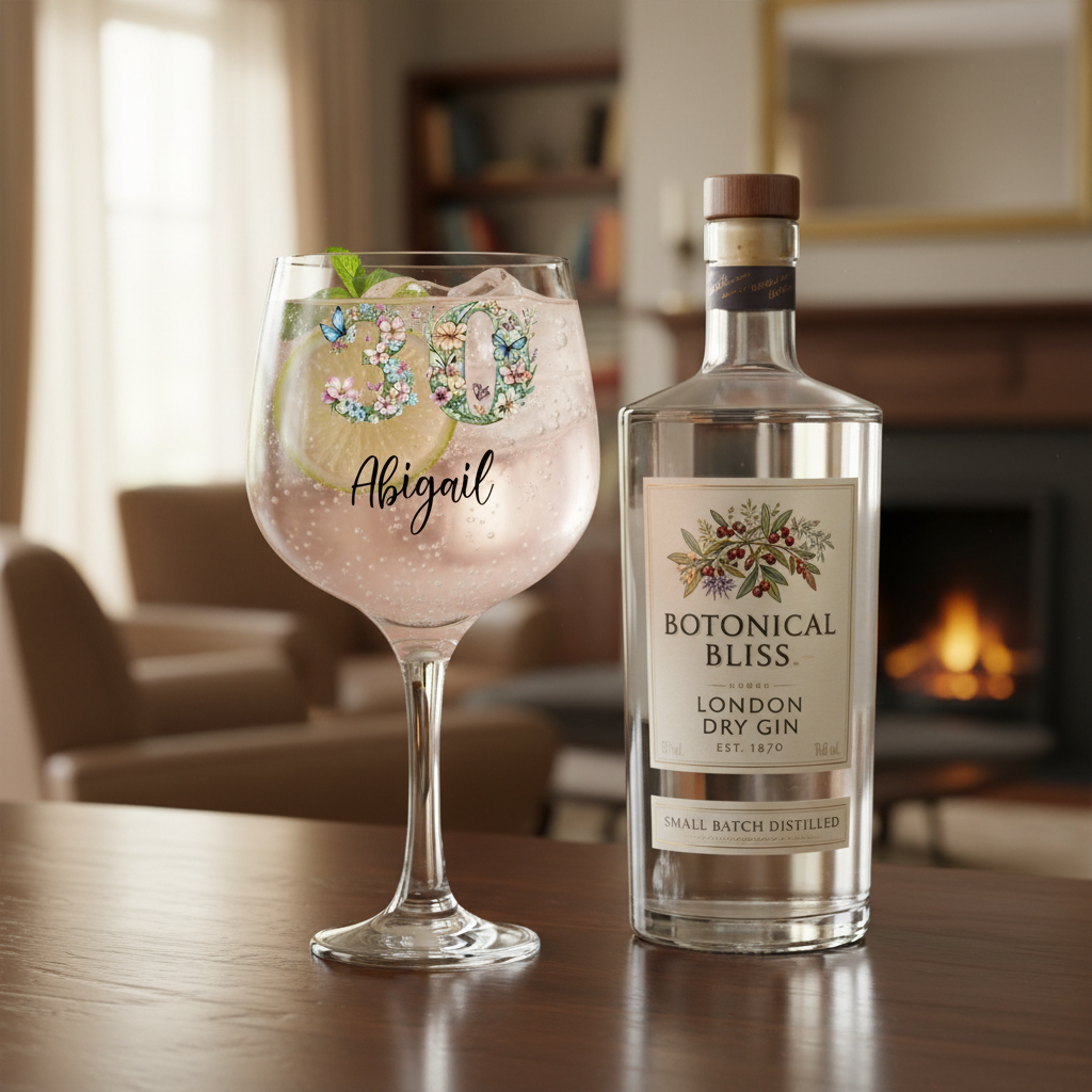 Personalised 30th Birthday Cocktail Gin Glass Gift For Her With Flowers and Butterflies