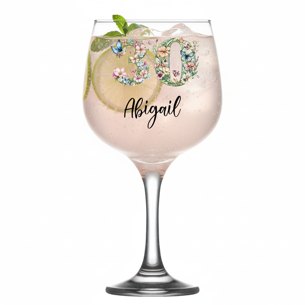 Personalised 30th Birthday Cocktail Gin Glass Gift For Her With Flowers and Butterflies
