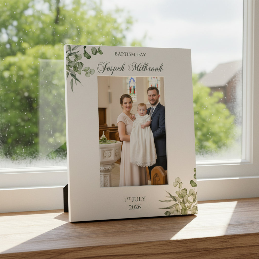 Personalised Baptism Day Elegant Photo Frame Gift With Leaves