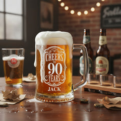 Personalised Cheers To Beer Glass Engraved For 90th Birthday With Custom Name personalised beer glasses ukgiftstoreonline