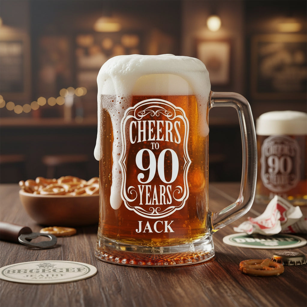 Personalised Cheers To Beer Glass Engraved For 90th Birthday With Custom Name personalised beer glasses ukgiftstoreonline