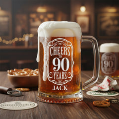 Personalised Cheers To Beer Glass Engraved For 90th Birthday With Custom Name personalised beer glasses ukgiftstoreonline