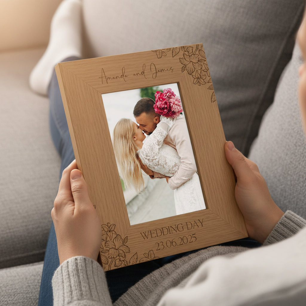 Personalised Wooden Engraved Photo Frames Wedding Any Message Multiple Sizes With Orchid Flowers Photo Frame ukgiftstoreonline