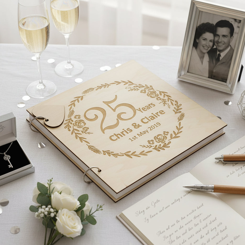 Personalised Engraved Wooden 25th Anniversary Scrapbook Photo Album Keepsake Scrapbook Guest Book ukgiftstoreonline