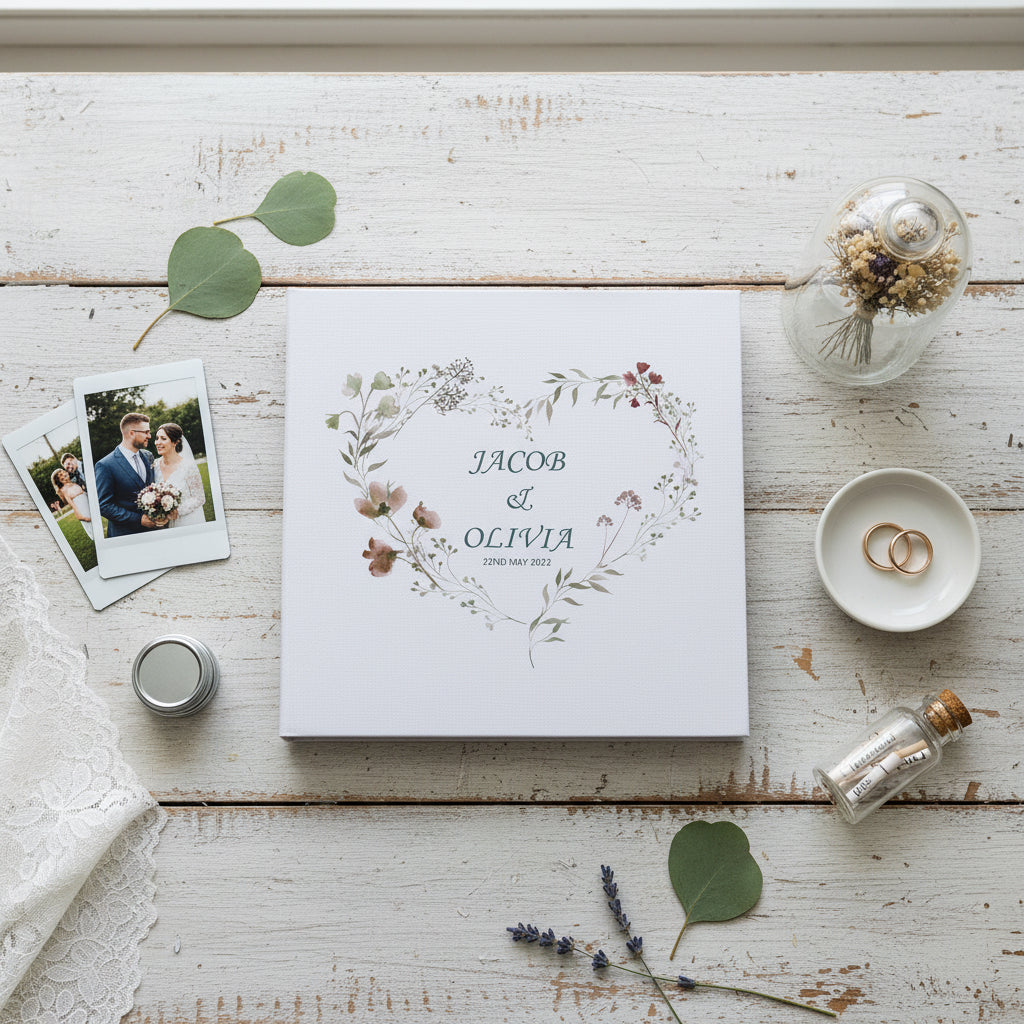 Personalised Large Linen Cover Wedding Photo Album Watercolour Flowers Heart photo album ukgiftstoreonline