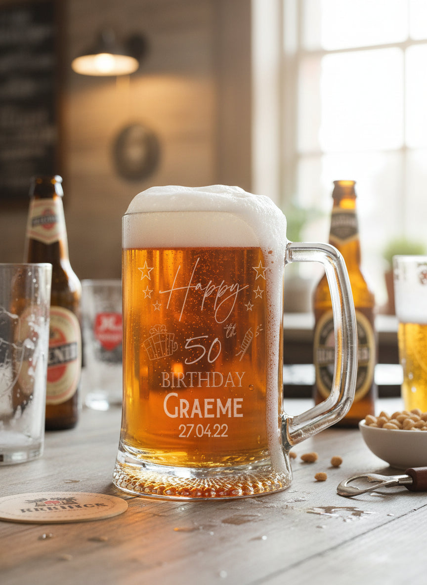Personalised 50th Birthday Engraved Pint Beer Tankard Glass with Stars personalised beer glasses ukgiftstoreonline
