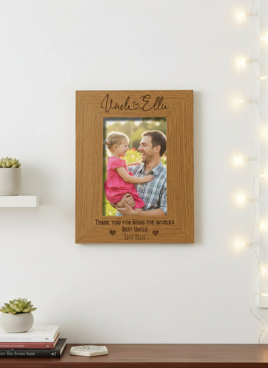 Personalised Best Uncle With Name Engraved Wooden Portrait Photo Frame Gift personalised photo frames ukgiftstoreonline