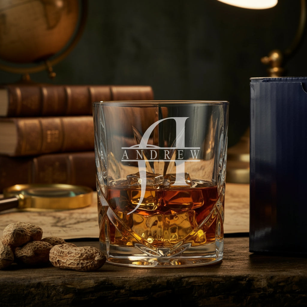 Personalised Custom Engraved Crystal Cut Whiskey Glass With name and Letter Personalised Whiskey Glass ukgiftstoreonline