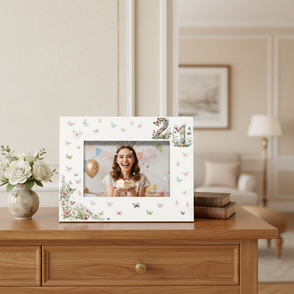 21st Birthday Photo Picture Frame Gift For Her With Butterflies and Flowers Photo Frame ukgiftstoreonline Landscape