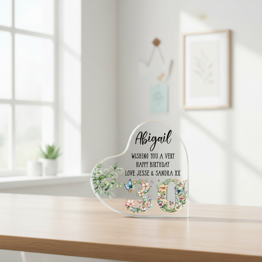 Personalised 30th Birthday Gift Heart Block in Silk Lined Gift Box With Flowers and Butterflies Acrylic Glass Gift ukgiftstoreonline
