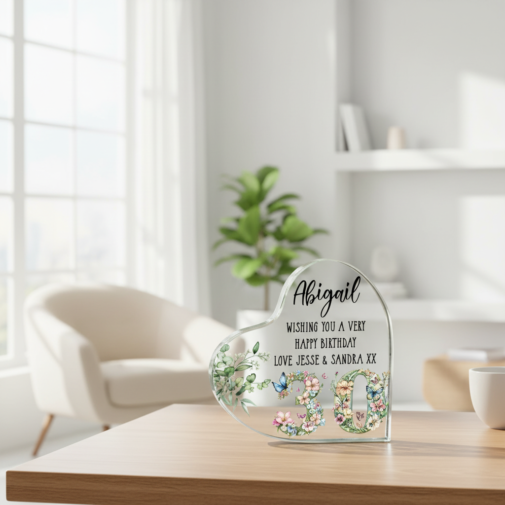 Personalised 30th Birthday Gift Heart Block in Silk Lined Gift Box With Flowers and Butterflies Acrylic Glass Gift ukgiftstoreonline