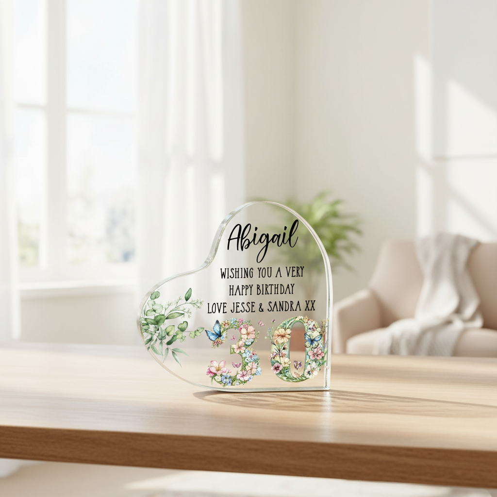 Personalised 30th Birthday Gift Heart Block in Silk Lined Gift Box With Flowers and Butterflies Acrylic Glass Gift ukgiftstoreonline