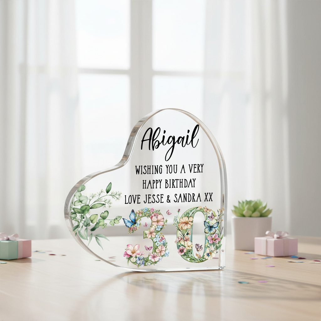 Personalised 30th Birthday Gift Heart Block in Silk Lined Gift Box With Flowers and Butterflies Acrylic Glass Gift ukgiftstoreonline