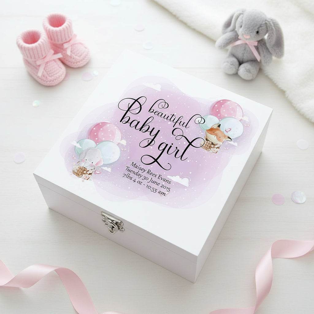Personalised Baby Girl Keepsake Wooden Box Gift With Balloons Keepsake Boxes ukgiftstoreonline
