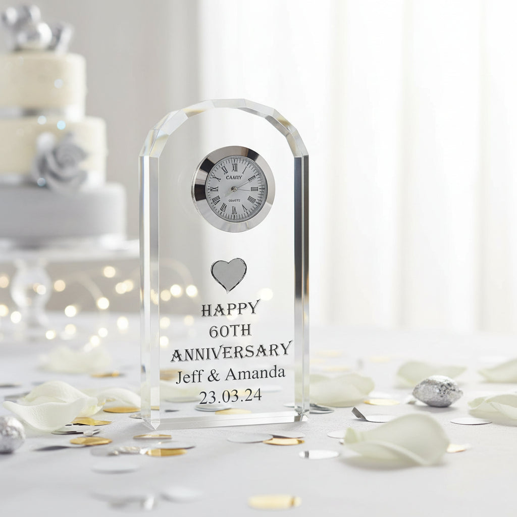 Personalised 60th Wedding Anniversary Crystal Glass Clock Gift Personalised Crystal Glass ukgiftstoreonline
