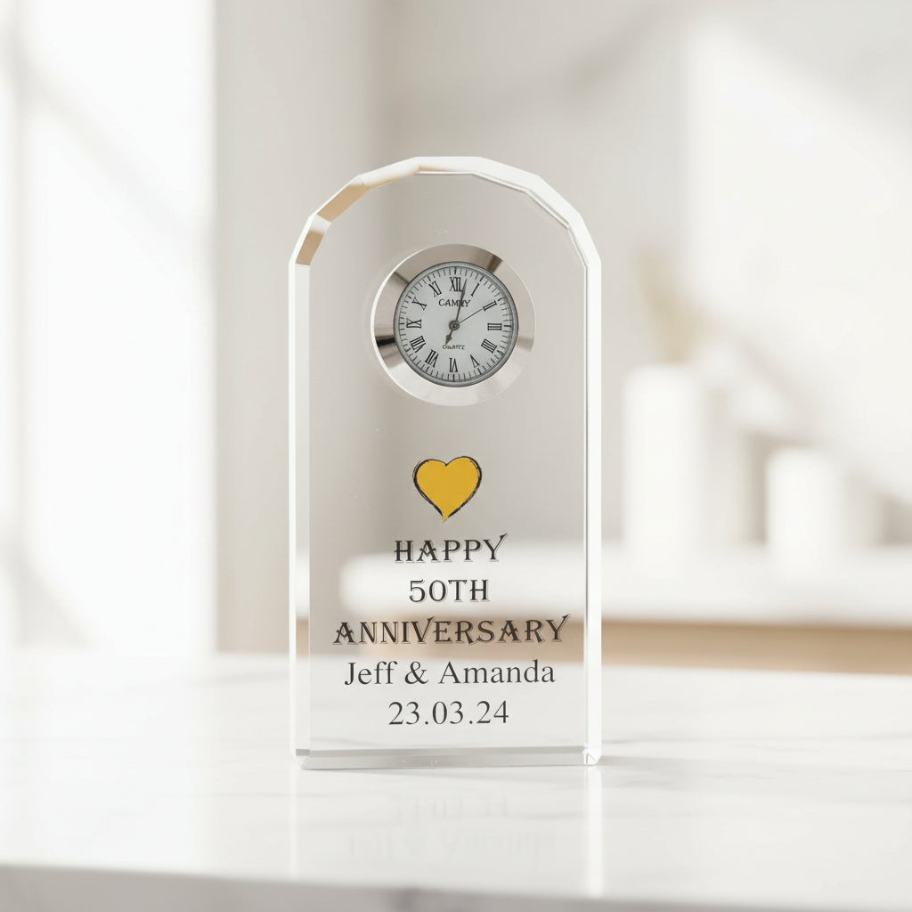 Personalised 50th Golden Wedding Anniversary Crystal Glass Clock In Silk Lined Gift Box Personalised Crystal Glass ukgiftstoreonline