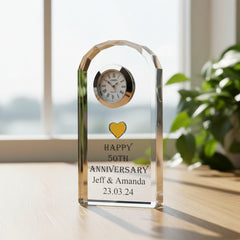 Personalised 50th Golden Wedding Anniversary Crystal Glass Clock In Silk Lined Gift Box Personalised Crystal Glass ukgiftstoreonline