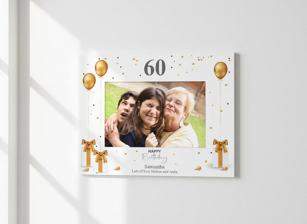 Personalised 60th Birthday Photo Frame With Gold Balloons ukgiftstoreonline