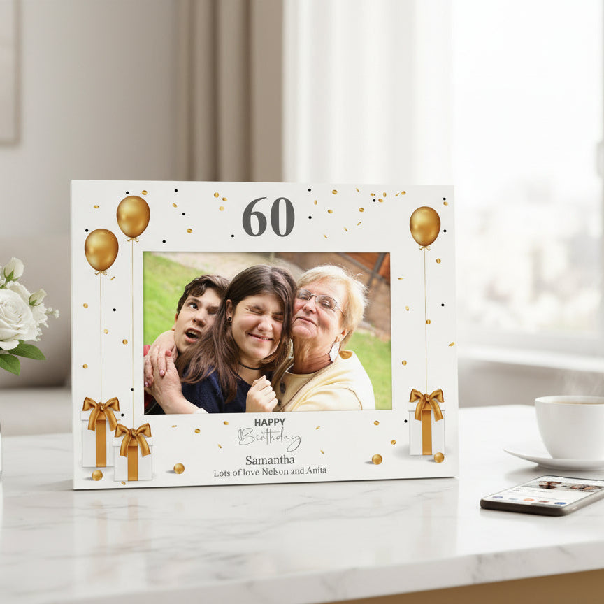 Personalised 60th Birthday Photo Frame With Gold Balloons ukgiftstoreonline
