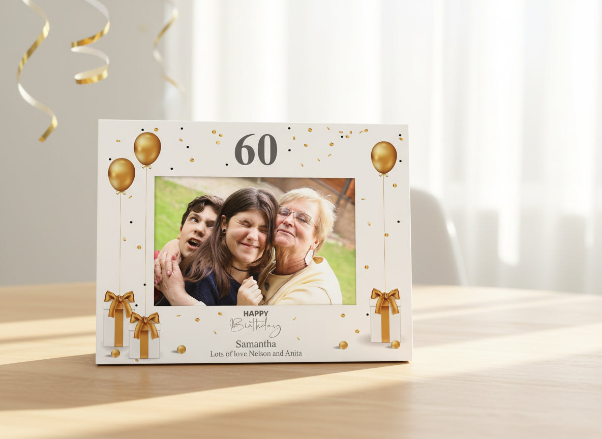 Personalised 60th Birthday Photo Frame With Gold Balloons ukgiftstoreonline
