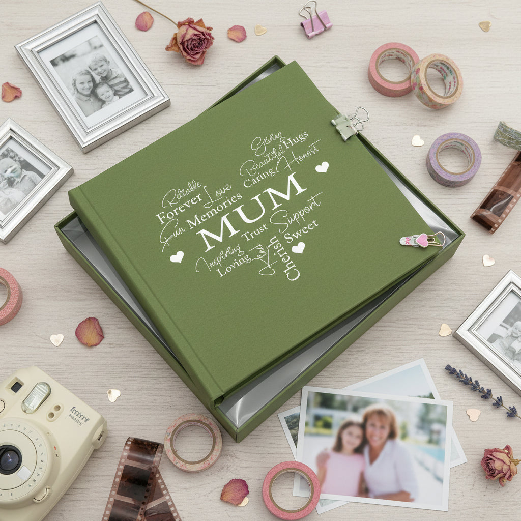 Mum Word Heart Olive Green Photo Picture Album Holds 50 x 6"x4" Mum Photo Album ukgiftstoreonline