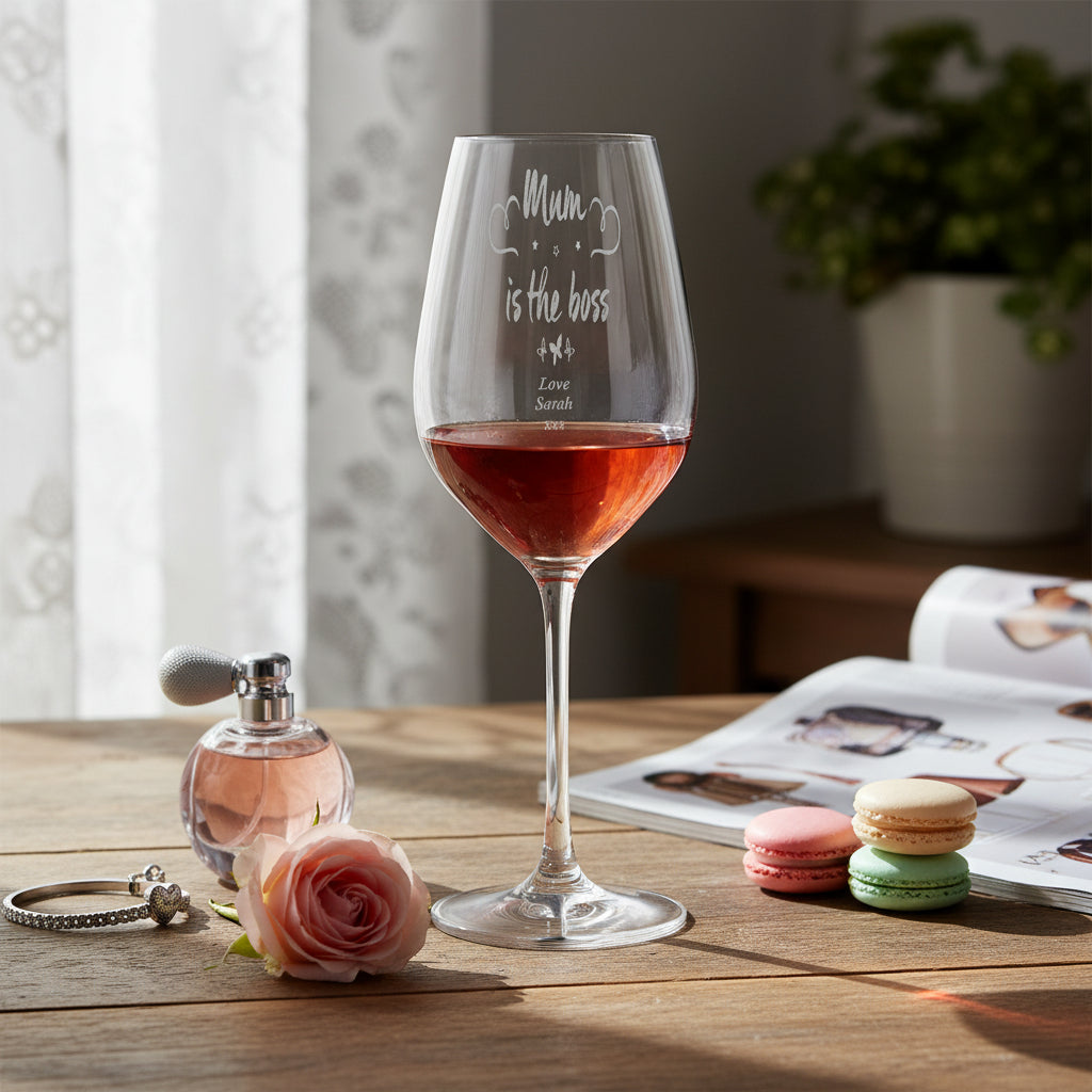 Mum Boss Sentiment Personalised Engraved Wine Glass Personalised Wine Glasses ukgiftstoreonline