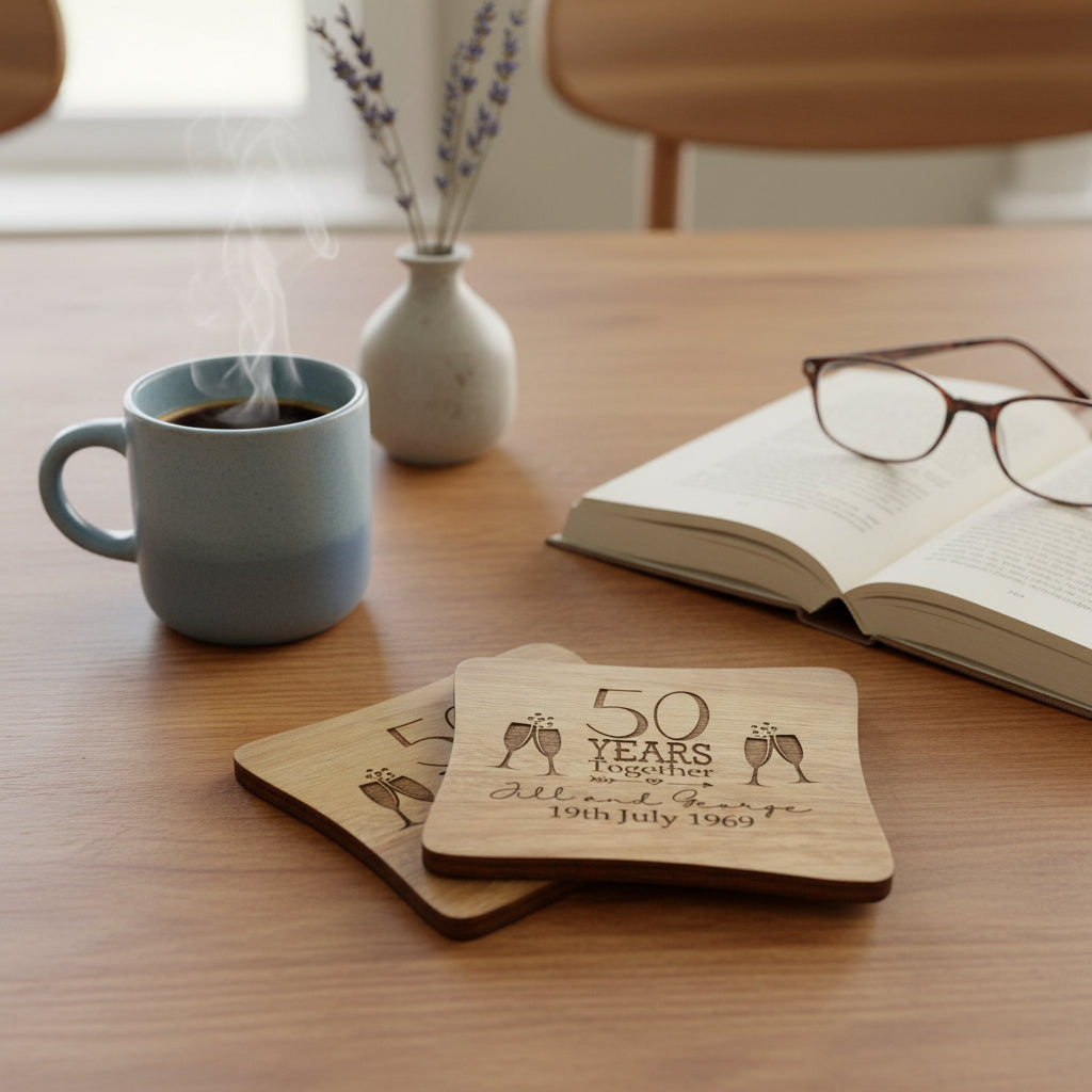 Set Of Two Personalised Wedding Anniversary Coasters Gift 5th, 10th, 25th, 30th, 40th, 50th, 60th anniversary Personalised Wedding Gift ukgiftstoreonline