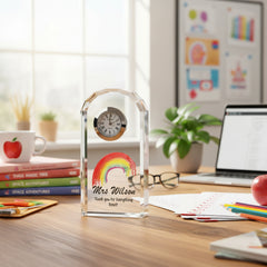 Personalised Teacher Crystal Glass Clock Gift With Painted Rainbow Personalised Crystal Glass ukgiftstoreonline