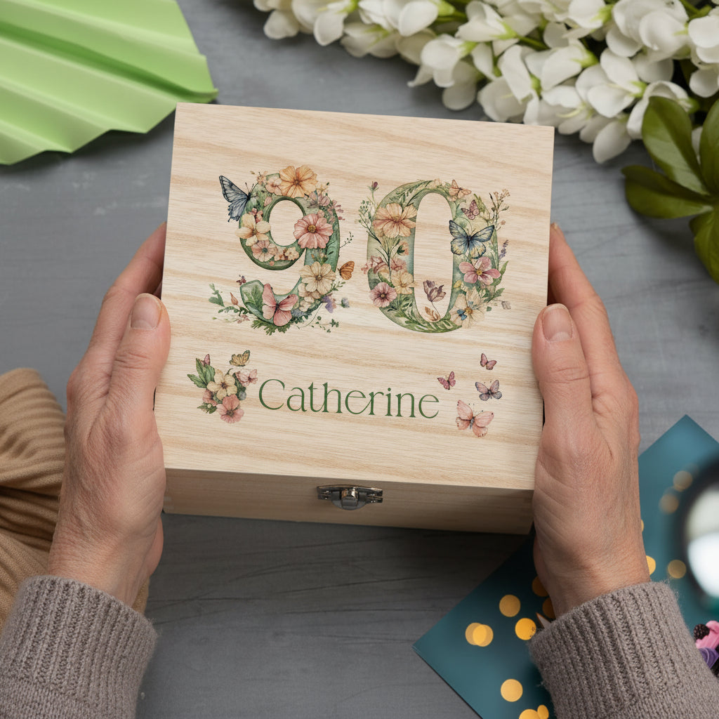 Personalised 90th Birthday Gift For Her Keepsake Memory Box With Butterflies and Flowers Keepsake Memory Box ukgiftstoreonline