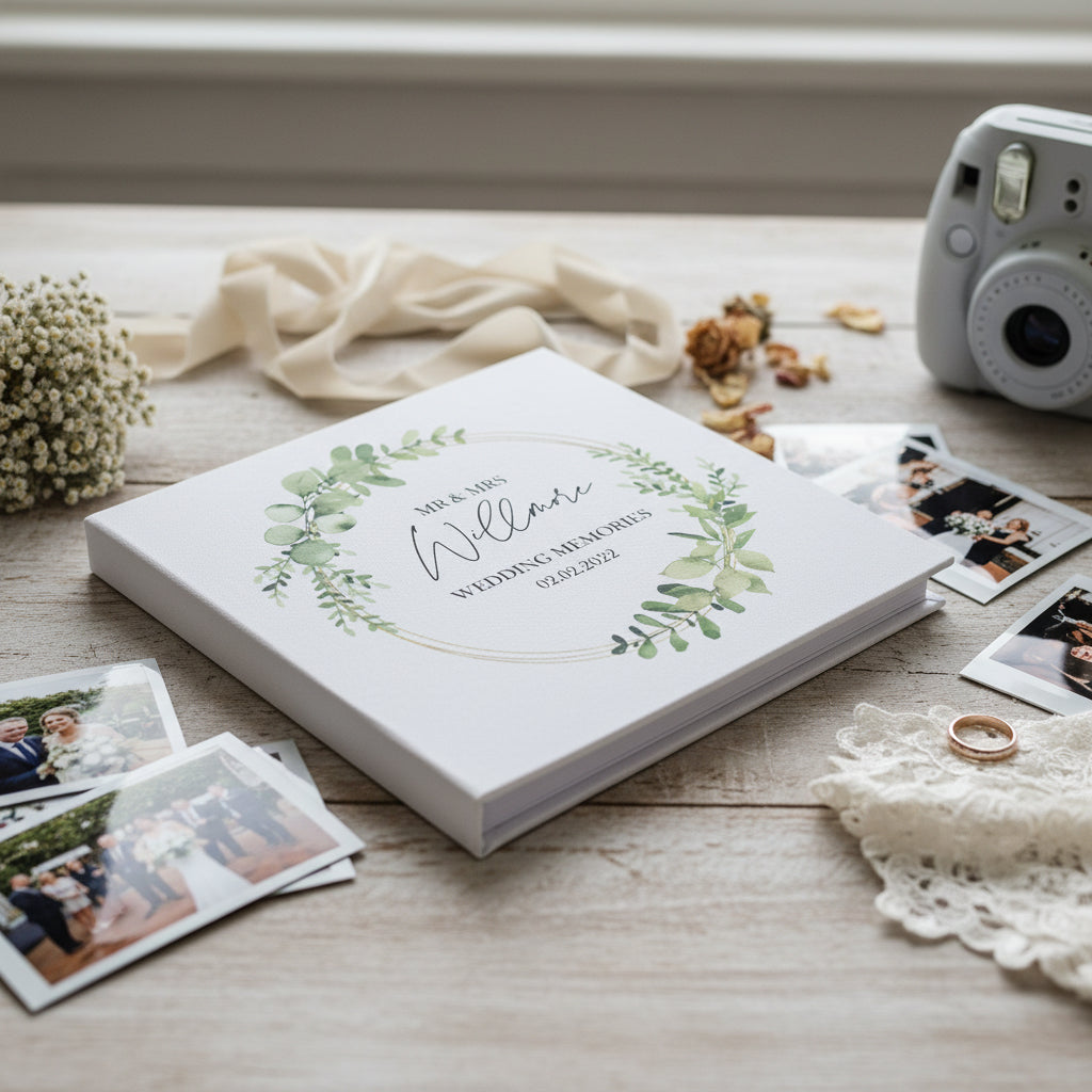 Personalised Large Wedding Photo Album Gift Linen Cover Eucalyptus Wreath Linen Photo Album ukgiftstoreonline