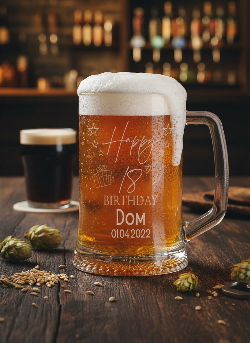 Personalised 18th Birthday Pint Engraved  Beer Tankard Glass with Stars