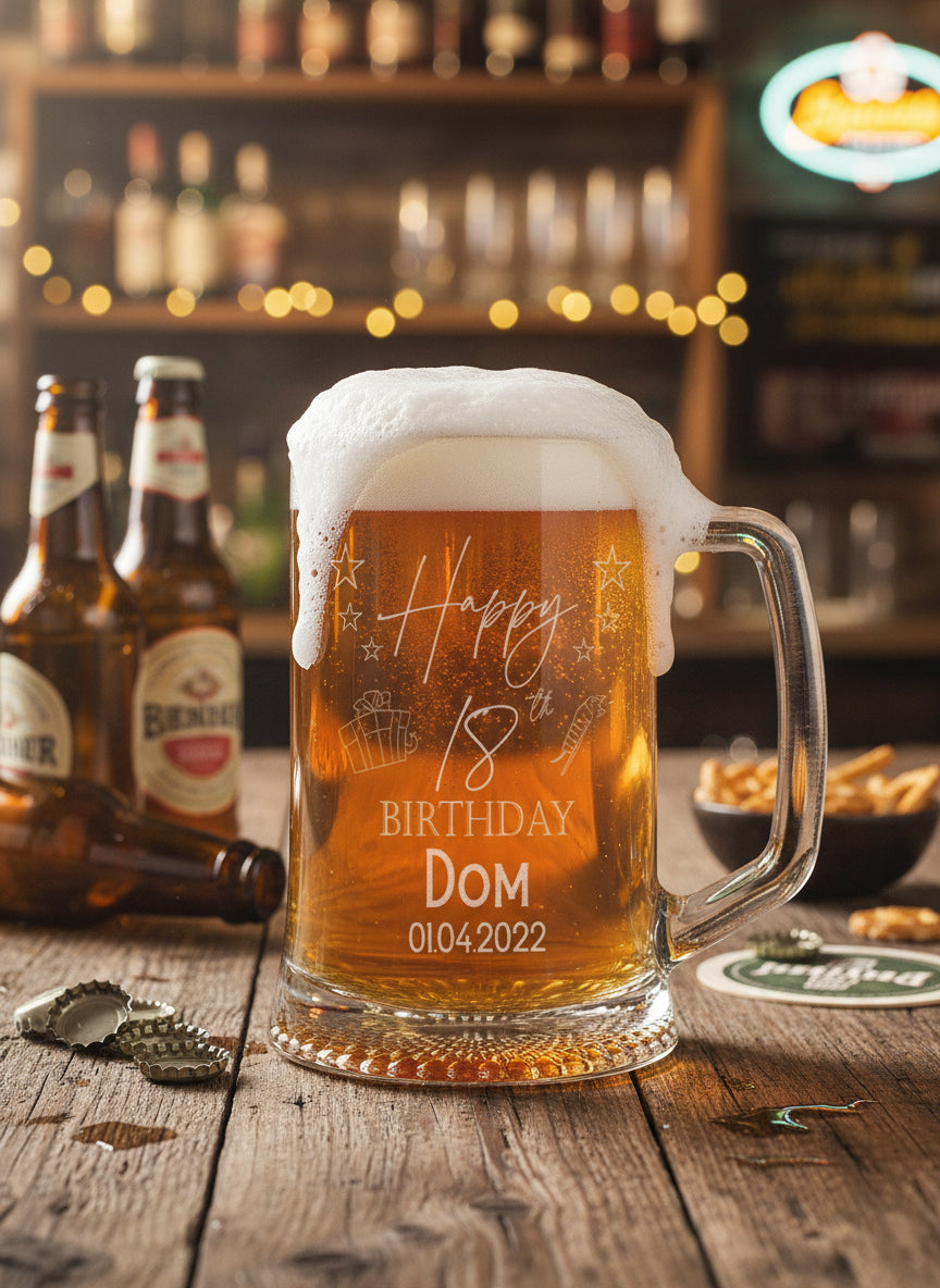 Personalised 18th Birthday Pint Engraved  Beer Tankard Glass with Stars