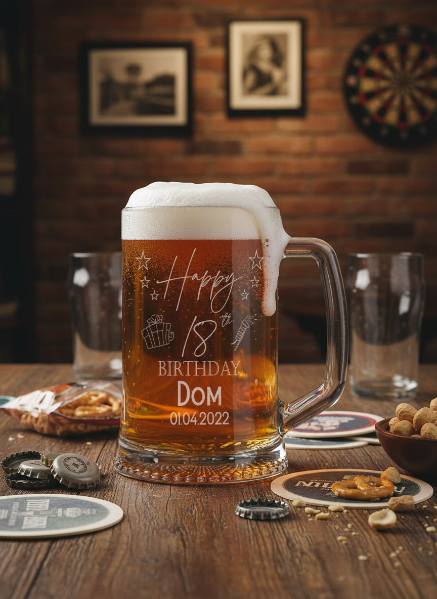 Personalised 18th Birthday Pint Engraved  Beer Tankard Glass with Stars