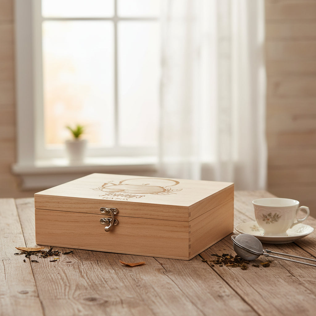 Personalised Tea Box Any Name Engraved With Old Fashion Pot Tea Box Raised Words