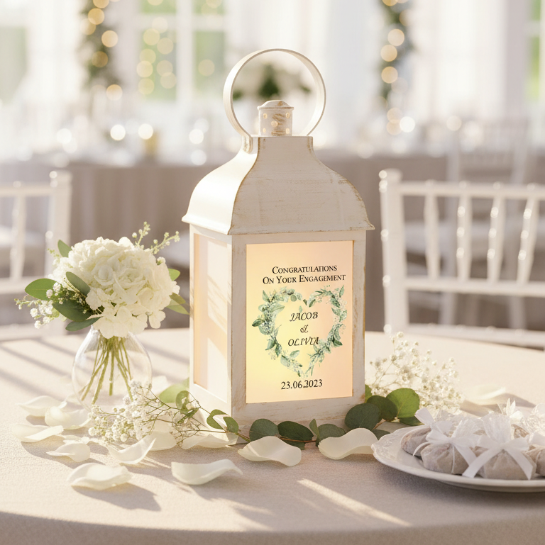 Personalised Engagement Lamp Lantern Night Light Gift Green Floral Heart Personalised Lights ukgiftstoreonline