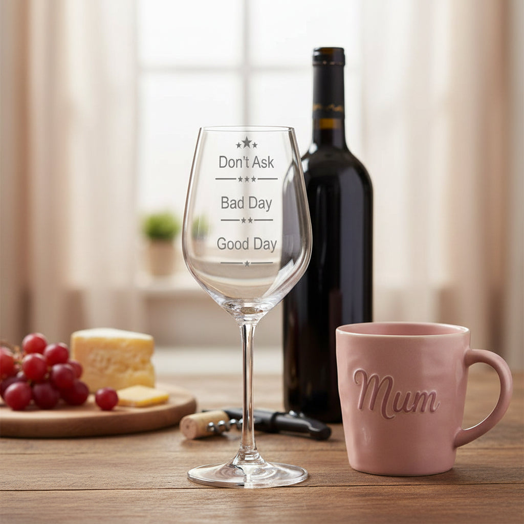Good Day, Bad Day, Don’t Ask Wine Glass, Fun Novelty Bar Gift For Wine Lovers, Perfect Glasses For Red White Or Rose Wine Personalised Wine Glasses ukgiftstoreonline