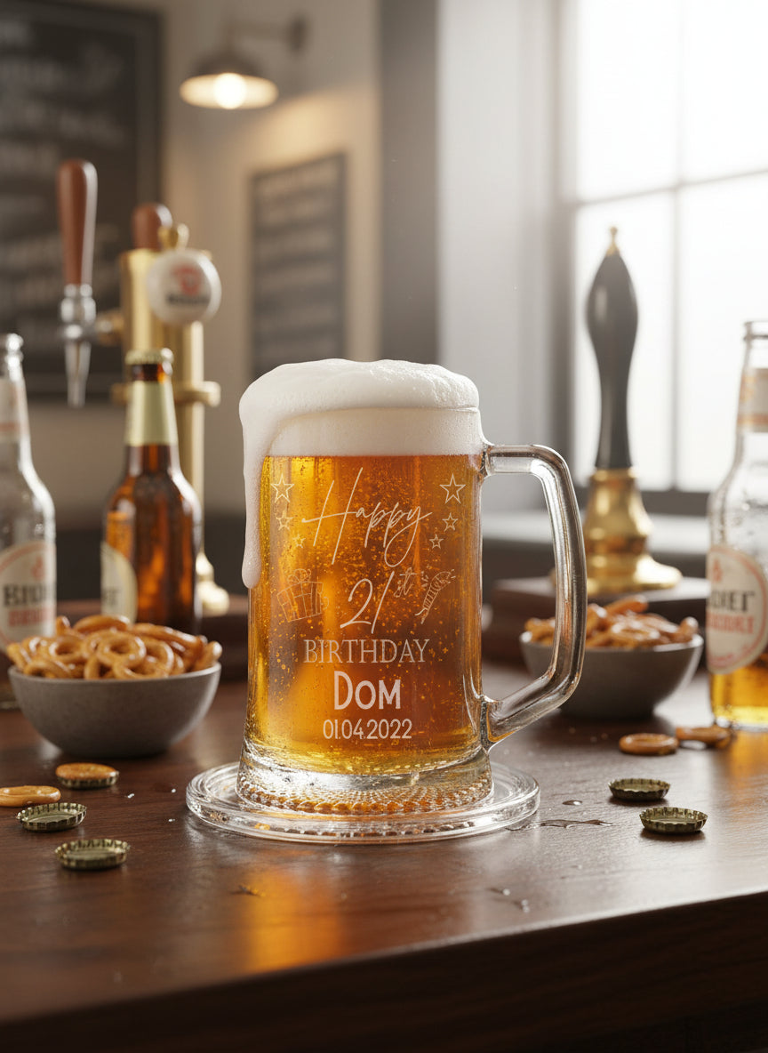Personalised 21st Birthday Pint Beer Tankard Glass with Stars personalised beer glasses ukgiftstoreonline