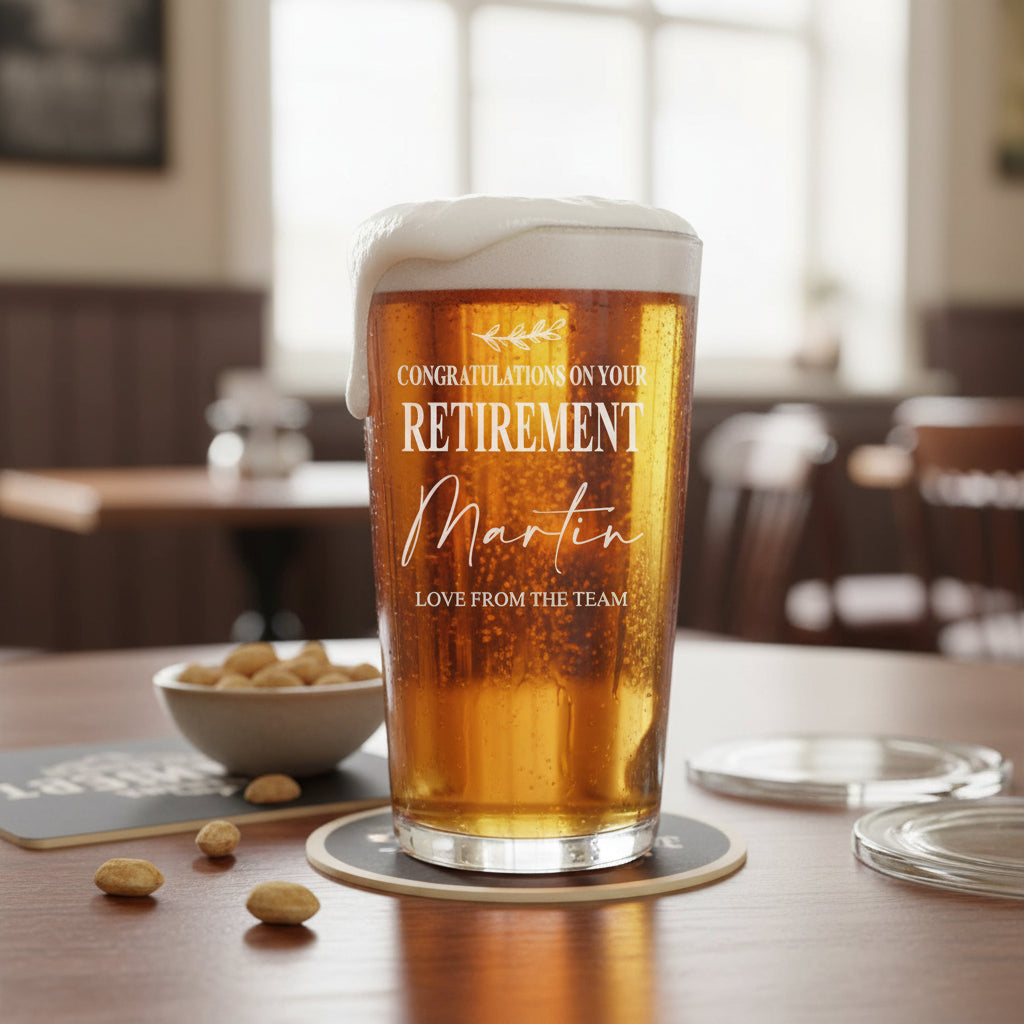 Personalised Retirement Gift Beer Glass Engraved Pint Glass Custom Name personalised beer glass ukgiftstoreonline