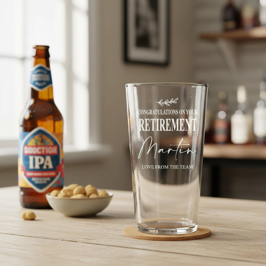 Personalised Retirement Gift Beer Glass Engraved Pint Glass Custom Name personalised beer glass ukgiftstoreonline